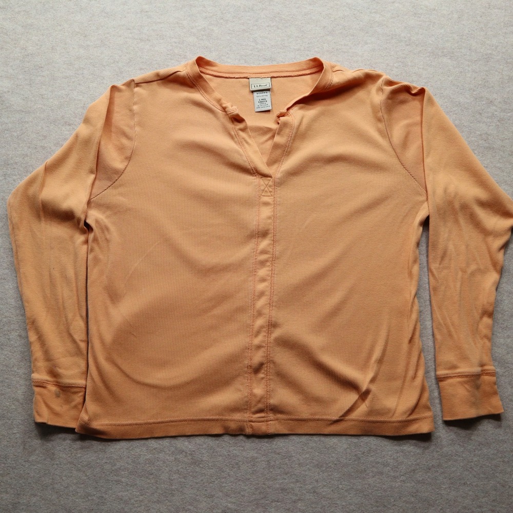 LL Bean Shirt Large Regular Casual Y2K Ribbed Cotton Notch Neck Orange